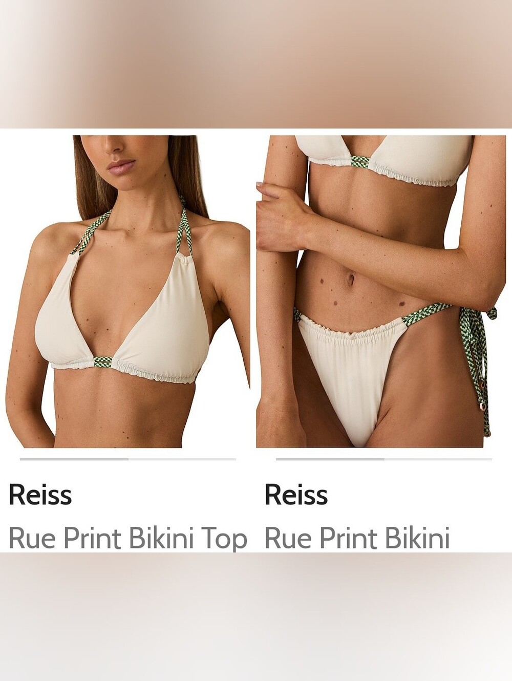 Reiss Cream Bikini Set with Green Trim. New. M